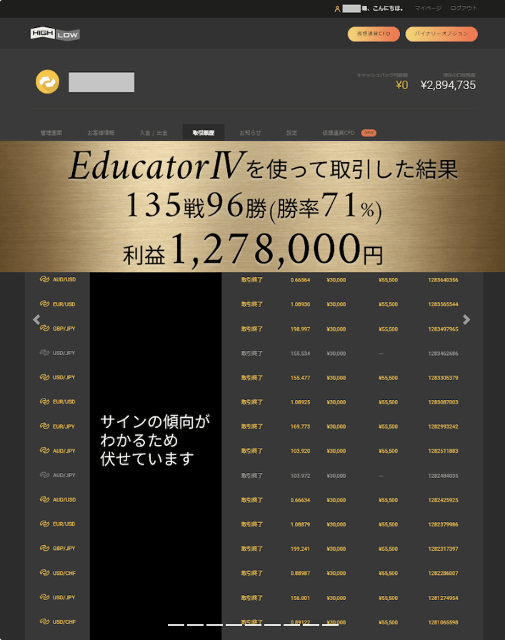 Educatorを使ったトレードの取引履歴